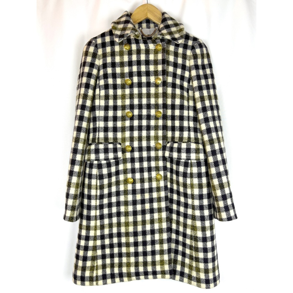 J.Crew Women Wool Buffalo Check Plaid Double Breasted Gold Button Coat Black - Picture 2 of 15